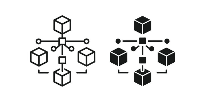 Abstract network structure with connected cubes and nodes on a white background
