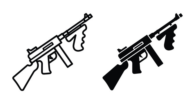 Submachine gun icon set featuring vintage automatic firearm silhouettes and outlines for military history weapon design and tactical graphic projects