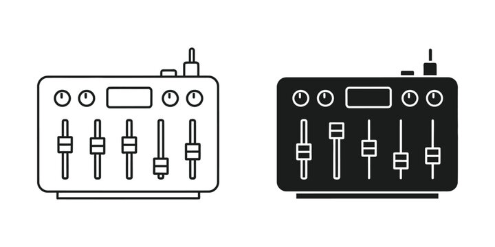Audio mixer with faders and knobs in line art and silhouette style for music production