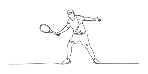 Fototapeta premium Continuous single line drawing of a male tennis player hitting a ball with a racket during a competitive match in a minimalist artistic style for sports