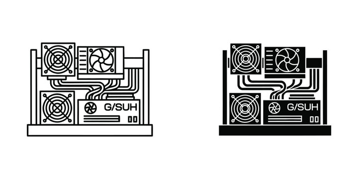 Cryptocurrency mining rig with multiple graphics cards and cooling fans on a white background digital illustration