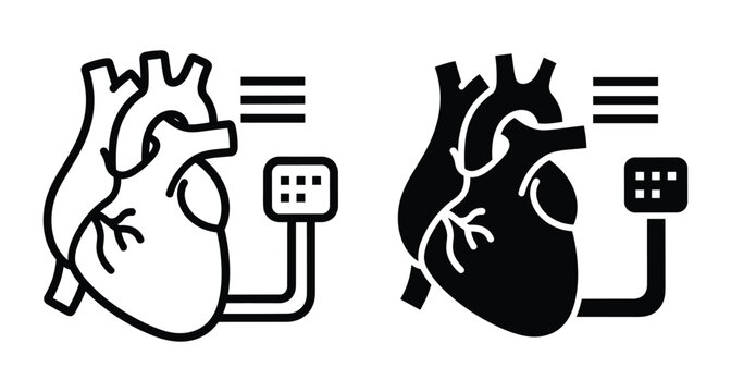 human heart organ with electronic pacemaker device and sensor monitoring system icons in outline and solid black glyph style set