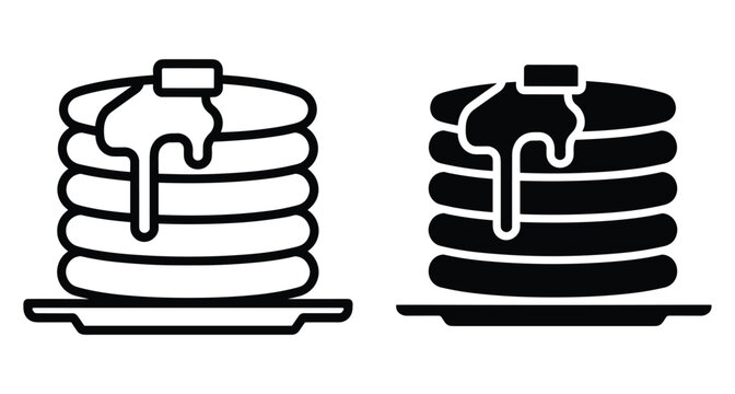 pancake stack with melting butter and dripping maple syrup on plate icon set in outline and solid black graphic style