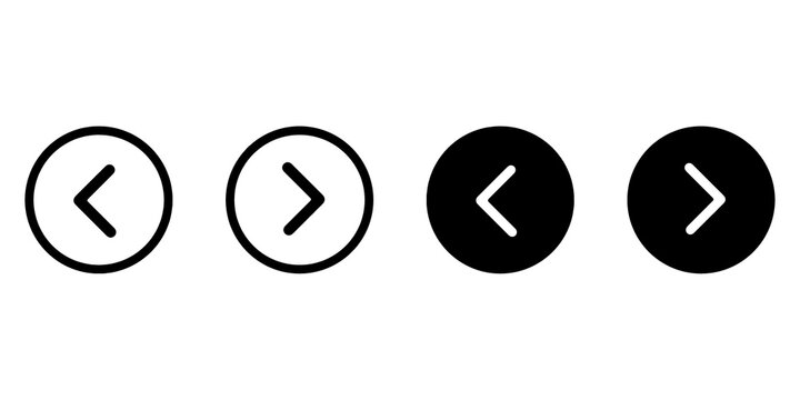 Left and right circular arrow icon set. Backward and forward navigation buttons. Flat monochrome vector illustration.