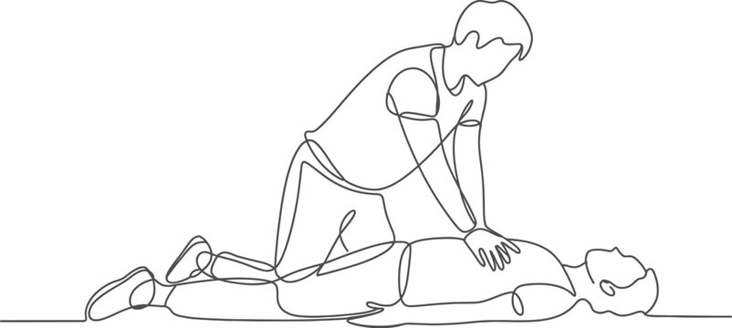 Continuous line art illustration person performing cpr first aid medical emergency training design