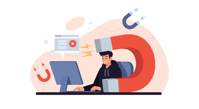 Concept of attracting leads and customers online with magnets and computer, vector illustration.