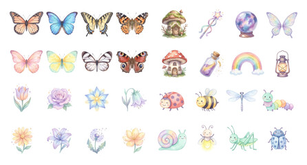 Fototapeta premium Spring Garden Butterflies Watercolor Vector Set with Mushrooms and Rainbow