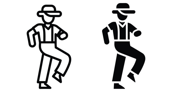 Male dancer icon set showing a person in a hat and suspenders performing rhythmic steps in outline and solid black styles for entertainment