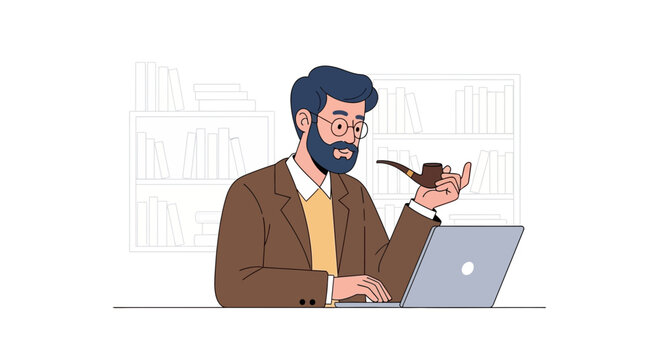 Intellectual Man with Beard and Glasses Smoking Pipe Working on Laptop in Library
