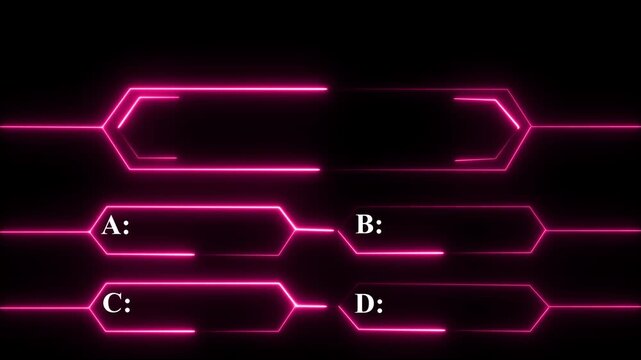 Vibrant glowing neon red quiz template, question box and four answer options (A, B, C, D) for trivia, education, and Abstract circuit 4k animation technology black background video