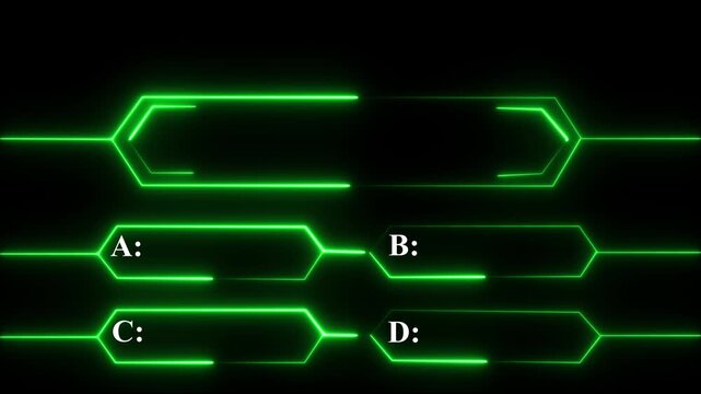 Vibrant glowing neon green quiz template, question box and four answer options (A, B, C, D) for trivia, education, and Abstract circuit 4k animation technology black background video