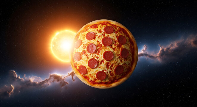 Lava planet near a glowing red sun in space - Dramatic cosmic scene featuring a molten planet with lava surface orbiting a fiery red sun, set against deep space backdrop.