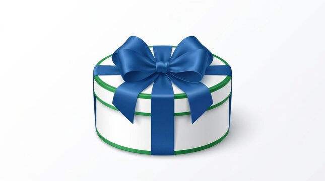 Round white gift box with green rim and large blue ribbon bow, gift box, ribbon, bow, present, round, white, green, blue,