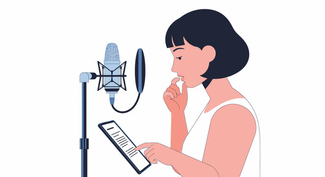 Woman Recording Podcast or Voiceover with Professional Microphone and Tablet Script Illustration
