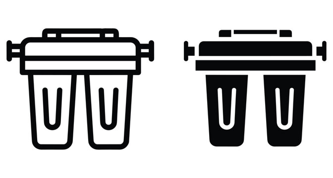 Water filtration system icons showing dual cartridge filters for home purification reverse osmosis plumbing equipment and clean drinking water supply