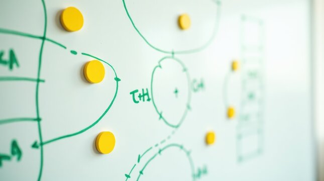 Tactical whiteboard with green marker yellow magnets, football coaching strategy, 433 formation plan