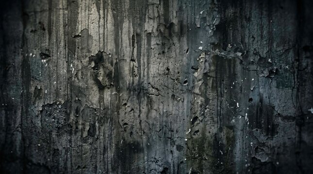 Grunge Texture: A dark, weathered concrete wall with vertical streaks and a rough, pitted surface, creating a gritty and aged aesthetic perfect for distressed backgrounds.
