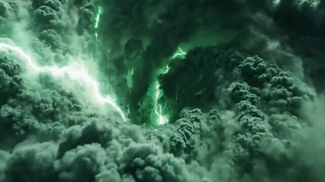 Cinematic aerial view of deep green turbulent clouds swirling into a central dark eye, featuring dense atmospheric textures, volumetric shadows, and a powerful vortex storm formation.