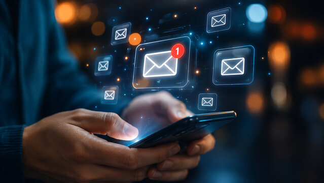 Person using smartphone sending and receiving email messages with notifications, digital communication.