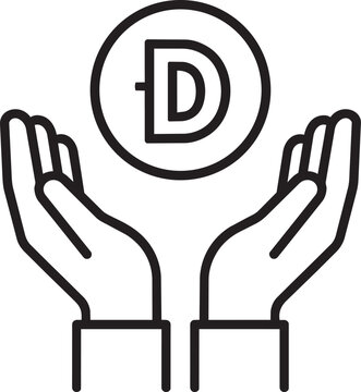 Outline dirham coin icon showing hands protecting currency representing financial wealth banking and secure vector illustration