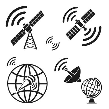 Communication technology icons set with satellite globe antenna radio tower, satellite dis