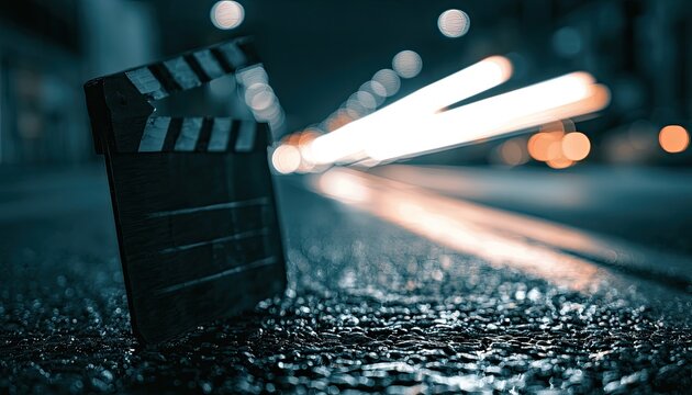 Film slate on wet road at night, blurred car lights streak past