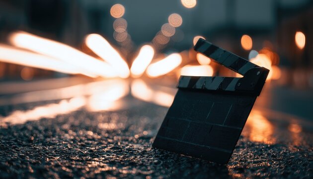 A clapperboard rests on a wet street, illuminated by blurred vehicle lights at night