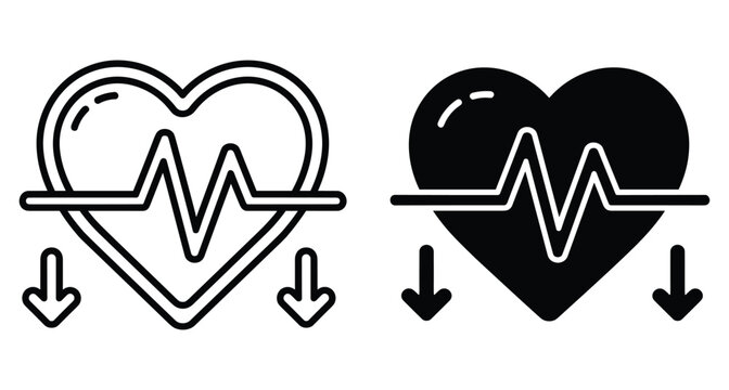Heart rate icon showing low pulse with downward arrows and electrocardiogram line in outline and solid black vector medical styles