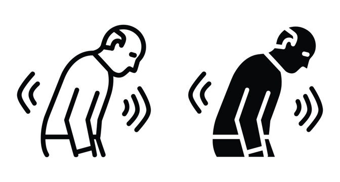 Parkinson disease icon set showing elderly man with body tremors shaking hands and stooped posture for medical healthcare concept design