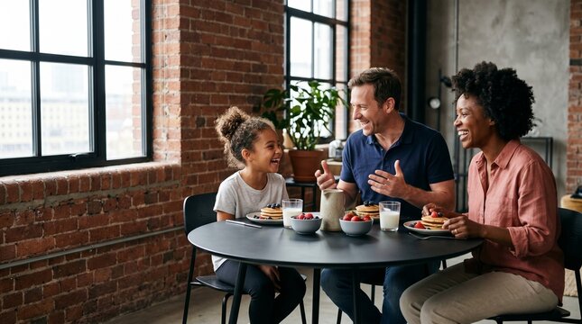 Multiracial family laughing while eating breakfast together in a modern loft.