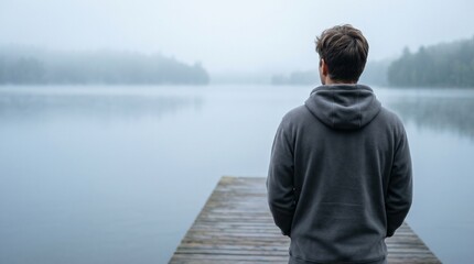 Fototapeta premium Young man in hoodie looking out at foggy lake from a wooden pier.