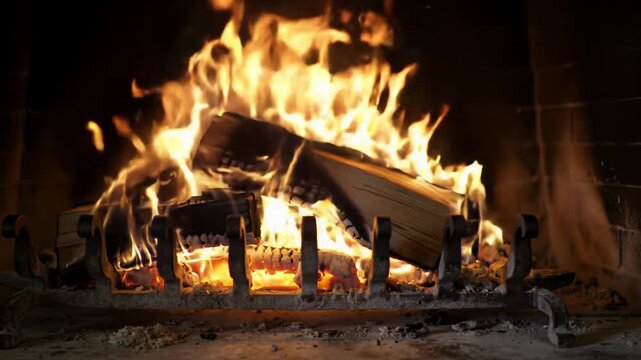 Vibrant orange, gold, saffron flames dance mesmerizingly over charring logs on a dark wrought-iron grate in a rustic stone fireplace, casting soft light and bokeh, cozy home ambiance
