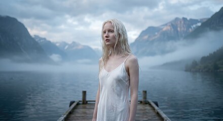 Fototapeta premium Woman in white dress standing on lake dock with mountains