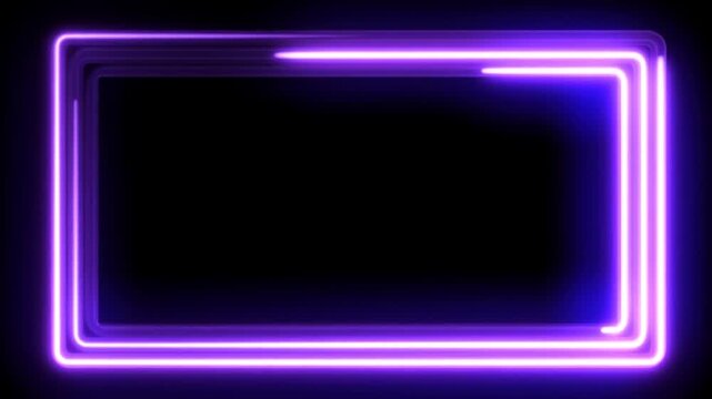 Slow panning shot of glowing neon rectangle streaks sliding horizontally across black studio background with trailing purple light echoes