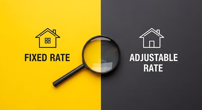 Fixed rate versus adjustable rate mortgage comparison, magnifying glass over house icons on yellow and black background, home loan interest options