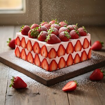 Fresh Strawberry Mousse Cake with Whipped Cream and Berries on Wooden Board