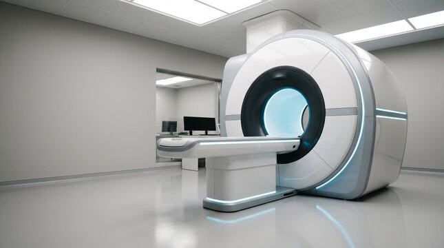 Modern MRI machine in a clean, empty hospital radiology department.