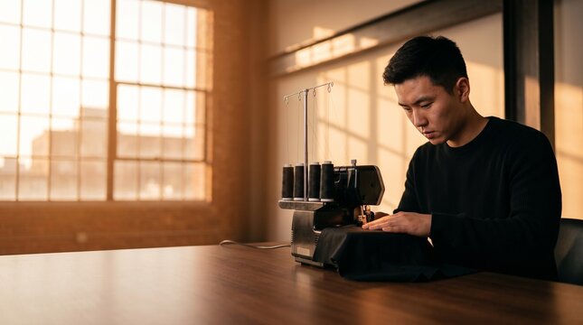 Asian male tailor sewing garment on a serger machine in a sunlit industrial studio.