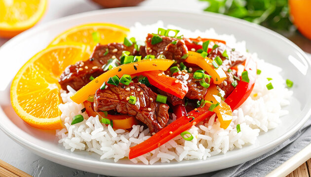 Asian stir-fried beef with bell pepper in a soybean orange sauce served with rice. AI