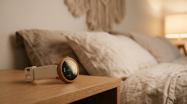 Smartwatch with heart rate monitor resting on bedside table in bedroom