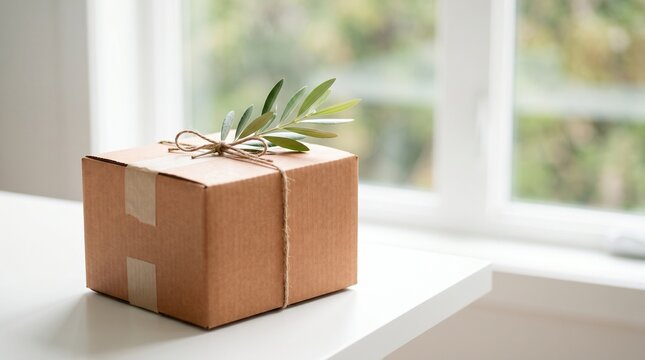 Sustainable cardboard parcel with olive branch on a bright white desk.