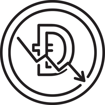 Outline dirham coin icon showing downward arrow decrease representing financial wealth loss and bankruptcy vector illustration