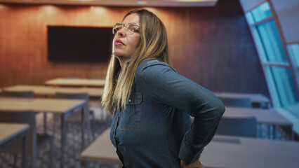 Fototapeta premium Woman holding lower back with hand, grimacing, wearing denim shirt and glasses, desks and chairs visible inside a building; backache discomfort.