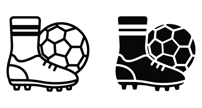 Soccer boot and ball icon set featuring football cleat with long sock and classic pentagon pattern ball in outline and solid styles
