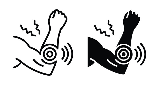 Elbow pain joint inflammation ache medical icon set showing arm injury muscle strain arthritis soreness and physical therapy treatment symbols