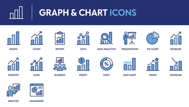 Set of blue graph and chart icons for business data analysis