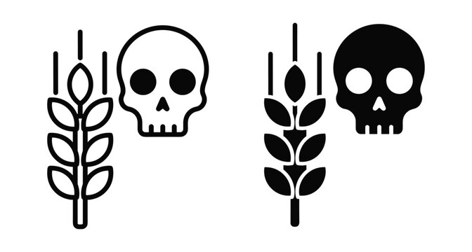 Wheat stalk and human skull icons representing famine hunger food shortage crisis agricultural failure death starvation and global food insecurity