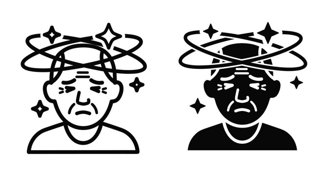 Elderly man feeling dizzy with spinning stars around head icon set representing vertigo headache sickness nausea and medical health problems