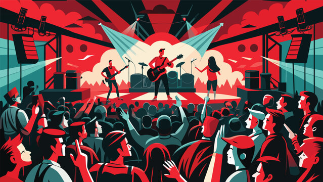 Musicians perform live on stage with bright spotlights and enthusiastic crowd during a concert event
