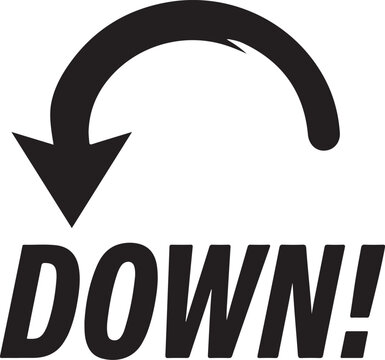 Arrow pointing down, black curved arrow, DOWN! word text icon, decrease vector symbol, falling market trend, downward direction pointer, simple flat graphic design, isolated on white background, 